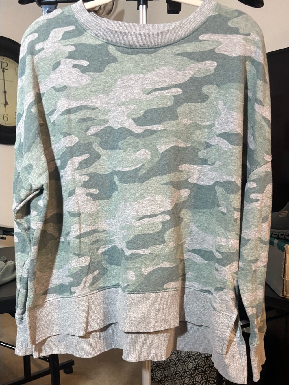 Time and Tru Sage and Light Gray Camo Layered Hem Sweater